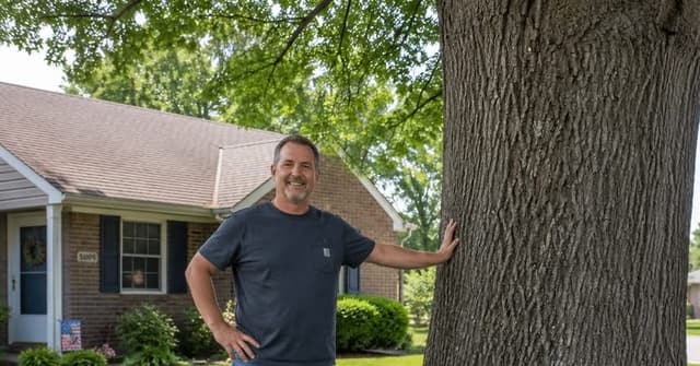 Homeowner standing near a large oak tree in an Evansville residential yard