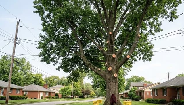 Image Alt Text: Mature tree growing near overhead power line in Evansville, Indiana, neighborhood