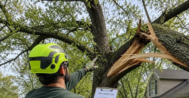 Arborist inspecting a storm-damaged tree to determine whether pruning or removal is safer in Evansville