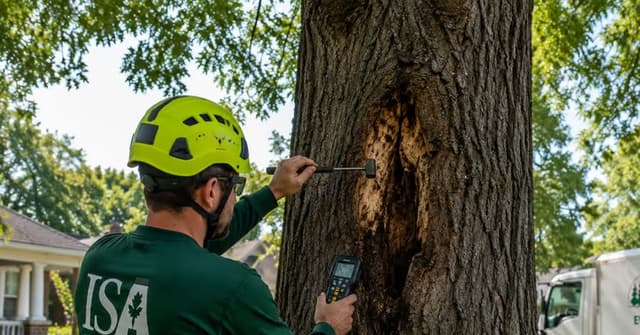 Arborist inspecting a mature tree in Evansville, Indiana for hidden internal wood decay and structural weakness